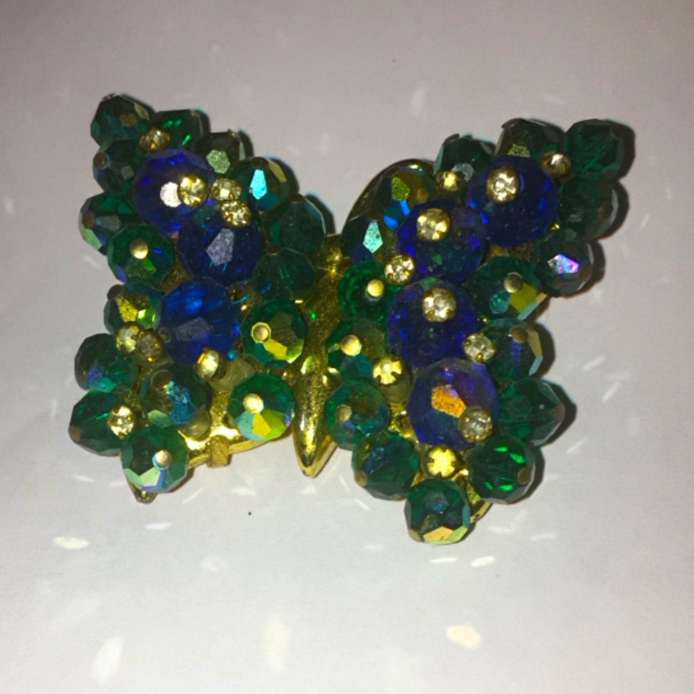 Vintage Green Rhinestone Butterfly Brooch